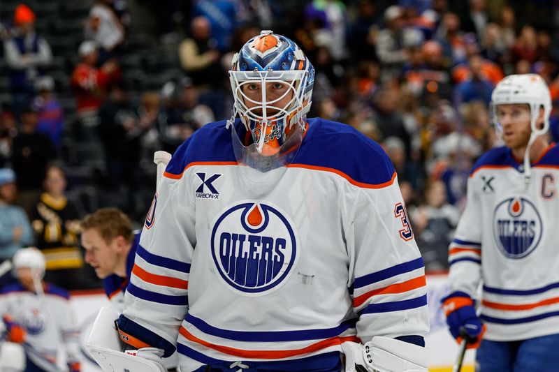 Jan 16, 2025; Denver, Colorado, USA; Edmonton Oilers goaltender Calvin Pickard (30) before the game against the Colorado Avalanche at Ball Arena. Mandatory Credit: Isaiah J. Downing-Imagn Images