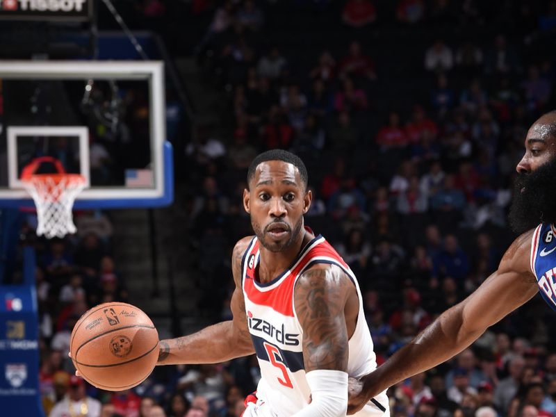 PHILADELPHIA, PA - NOVEMBER 2: Will Barton #5 of the Washington Wizards dribbles the ball during the game against the Philadelphia 76ers on November 2, 2022 at the Wells Fargo Center in Philadelphia, Pennsylvania NOTE TO USER: User expressly acknowledges and agrees that, by downloading and/or using this Photograph, user is consenting to the terms and conditions of the Getty Images License Agreement. Mandatory Copyright Notice: Copyright 2022 NBAE (Photo by David Dow/NBAE via Getty Images)