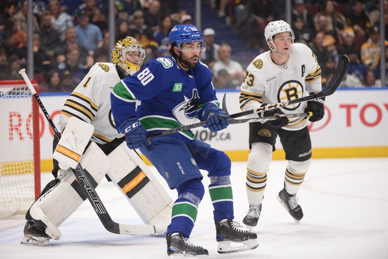 Feb 24, 2024; Vancouver, British Columbia, CAN;  Boston Bruins goaltender Jeremy Swayman (1) and forward Charlie Coyle (13) defends against Vancouver Canucks forward Arshdeep Bains (80) during the third period at Rogers Arena. Mandatory Credit: Anne-Marie Sorvin-USA TODAY Sports