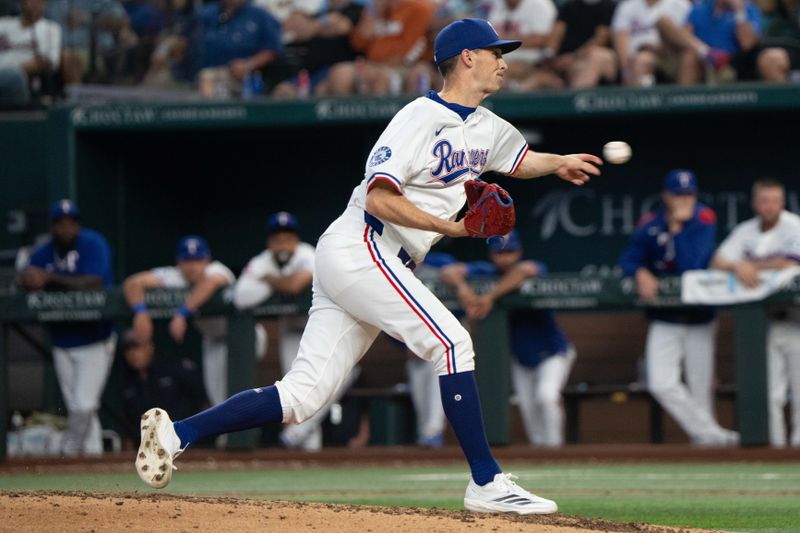 Sep 10, 2025; Arlington, Texas, USA; Texas Rangers relief pitcher Hoby Milner (41) delivers a pitch to the Milwaukee Brewers during the sixth inning at Globe Life Field. Mandatory Credit: Jim Cowsert-Imagn Images