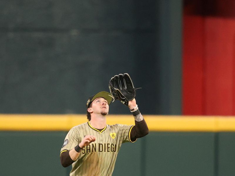 May 17, 2024; Atlanta, Georgia, USA; San Diego Padres center fielder Jackson Merrill (3) catches a fly ball against the Atlanta Braves in the fifth inning at Truist Park. Mandatory Credit: Brett Davis-USA TODAY Sports