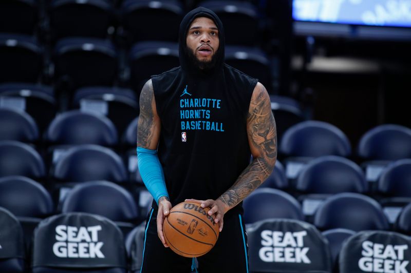 SALT LAKE CITY, UT - FEBRUARY 22: Miles Bridges #0 of the Charlotte Hornets warms up before their game against the Utah Jazz at the Delta Center on February 22, 2024 in Salt Lake City, Utah.  NOTE TO USER: User expressly acknowledges and agrees that, by downloading and or using this Photograph, User is concenting to the terms and conditions of the Getty Images license Agreement. (Photo by Chris Gardner/Getty Images)