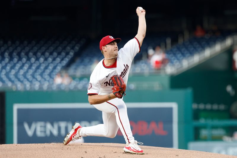 Sep 12, 2024; Washington, District of Columbia, USA; Washington Nationals starting pitcher Mitchell Parker (70) pitches against the Miami Marlins during the first inning at Nationals Park. Mandatory Credit: Geoff Burke-Imagn Images