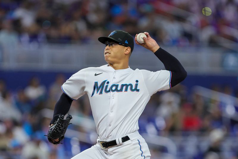 Jul 30, 2023; Miami, Florida, USA; Miami Marlins starting pitcher Jesus Luzardo (44) pitches against the Detroit Tigers during the first inning at loanDepot Park. Mandatory Credit: Sam Navarro-USA TODAY Sports