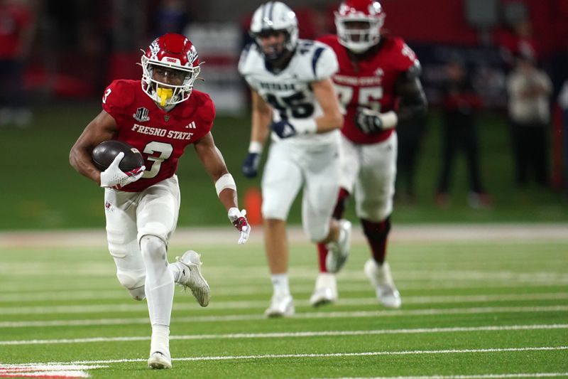 Sep 30, 2023; Fresno, California, USA; Fresno State Bulldogs wide receiver Erik Brooks (3) runs with the ball after making a catch against the Nevada Wolf Pack in the third quarter at Valley Children's Stadium. Mandatory Credit: Cary Edmondson-USA TODAY Sports