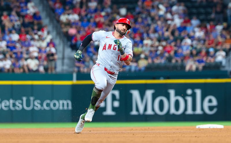 May 19, 2024; Arlington, Texas, USA; Los Angeles Angels outfielder Kevin Pillar (12) runs the bases during the seventh inning against the Texas Rangers at Globe Life Field. Mandatory Credit: Kevin Jairaj-USA TODAY Sports