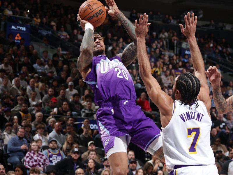 SALT LAKE CITY, UT - DECEMBER 1: John Collins #20 of the Utah Jazz shoots the ball during the game against the Los Angeles Lakers on December 1, 2024 at Delta Center in Salt Lake City, Utah. NOTE TO USER: User expressly acknowledges and agrees that, by downloading and or using this Photograph, User is consenting to the terms and conditions of the Getty Images License Agreement. Mandatory Copyright Notice: Copyright 2024 NBAE (Photo by Melissa Majchrzak/NBAE via Getty Images)