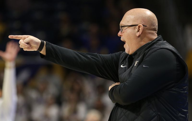 Jan 25, 2023; Pittsburgh, Pennsylvania, USA;  Wake Forest Demon Deacons head coach Steve Forbes gestures on the sidelines against the Pittsburgh Panthers during the second half at the Petersen Events Center. Pittsburgh won 81-79. Mandatory Credit: Charles LeClaire-USA TODAY Sports