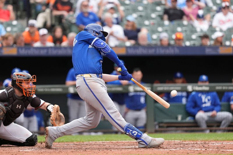 May 4, 2025; Baltimore, Maryland, USA; Kansas City Royals first baseman Vinnie Pasquantino (9) hits a home run against the Baltimore Orioles during the seventh inning at Oriole Park at Camden Yards. Mandatory Credit: Gregory Fisher-Imagn Images