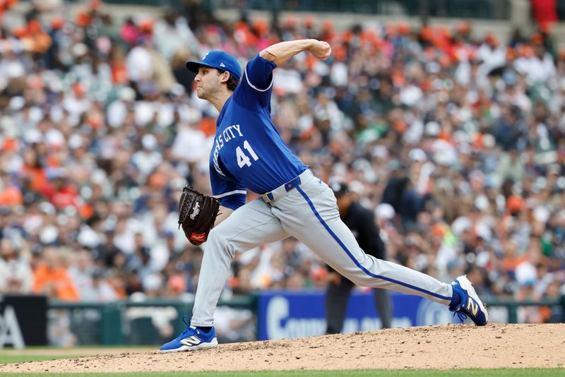 Apr 19, 2025; Detroit, Michigan, USA;  Kansas City Royals pitcher Daniel Lynch IV (41) pitches in the seventh inning against the Detroit Tigers at Comerica Park. Mandatory Credit: Rick Osentoski-Imagn Images