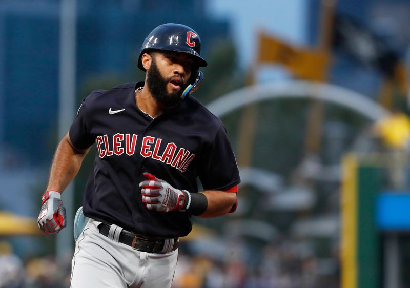 Jul 17, 2023; Pittsburgh, Pennsylvania, USA;  Cleveland Guardians shortstop Amed Rosario (1) circles the bases on a two-run home run against the Pittsburgh Pirates during the fourth inning at PNC Park. Mandatory Credit: Charles LeClaire-USA TODAY Sports