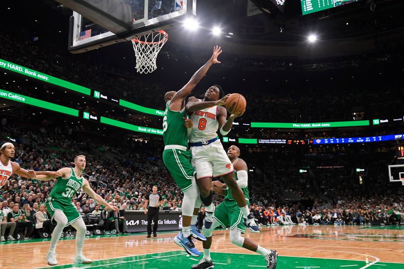 BOSTON, MA - OCTOBER 22: OG Anunoby #8 of the New York Knicks drives to the basket during the game against the Boston Celtics on October 22, 2024 at TD Garden in Boston, Massachusetts. NOTE TO USER: User expressly acknowledges and agrees that, by downloading and/or using this Photograph, user is consenting to the terms and conditions of the Getty Images License Agreement. Mandatory Copyright Notice: Copyright 2024 NBAE (Photo by Brian Babineau/NBAE via Getty Images)