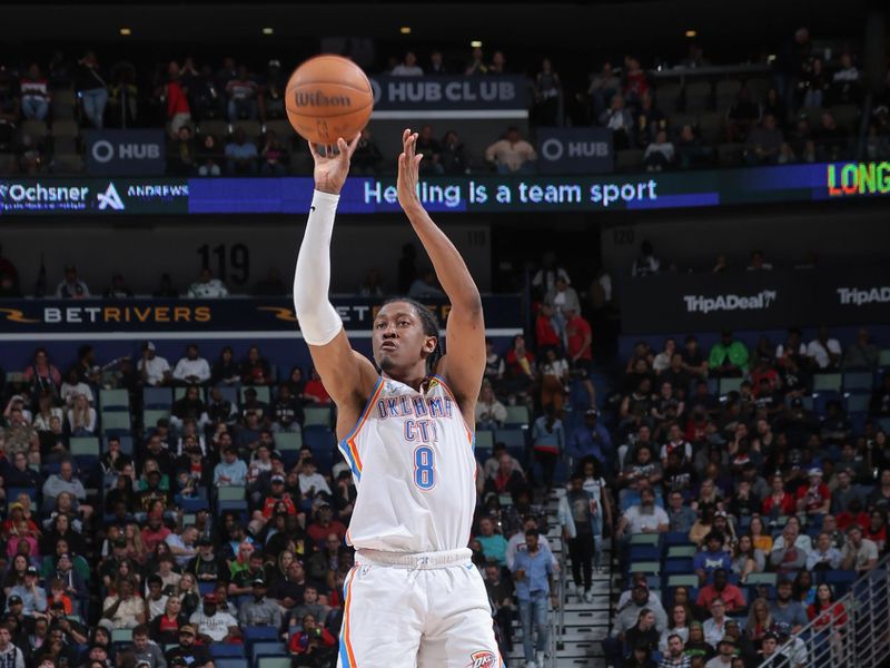 NEW ORLEANS, LA - MARCH 26: Jalen Williams #8 of the Oklahoma City Thunder shoots a 3-point basket during the game  on March 26, 2024 at the Smoothie King Center in New Orleans, Louisiana. NOTE TO USER: User expressly acknowledges and agrees that, by downloading and or using this Photograph, user is consenting to the terms and conditions of the Getty Images License Agreement. Mandatory Copyright Notice: Copyright 2024 NBAE (Photo by Jonathan Bachman/NBAE via Getty Images)