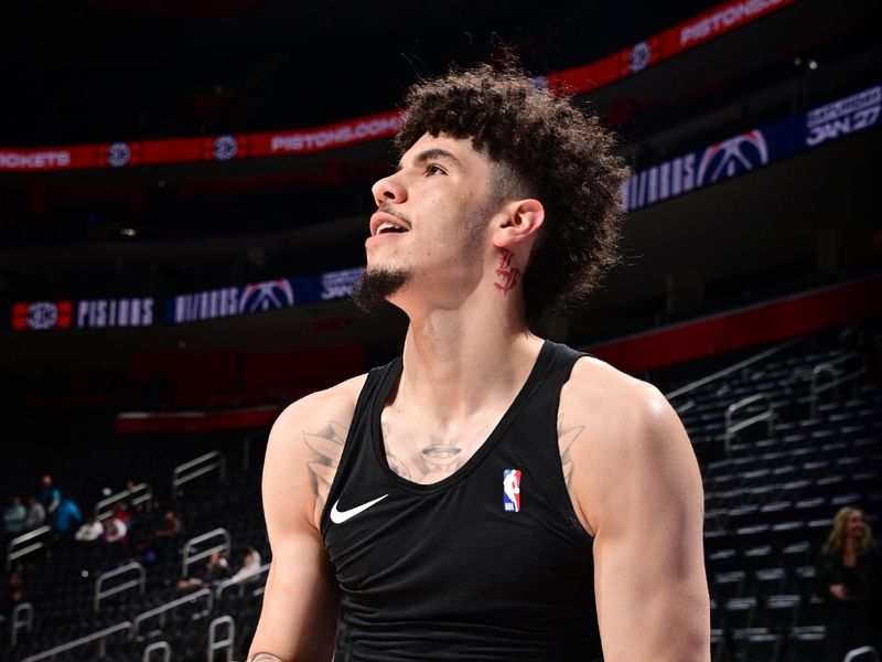 DETROIT, MI - JANUARY 24: LaMelo Ball #1 of the Charlotte Hornets warms up before the game against the Detroit Pistons on January 24, 2024 at Little Caesars Arena in Detroit, Michigan. NOTE TO USER: User expressly acknowledges and agrees that, by downloading and/or using this photograph, User is consenting to the terms and conditions of the Getty Images License Agreement. Mandatory Copyright Notice: Copyright 2024 NBAE (Photo by Chris Schwegler/NBAE via Getty Images)