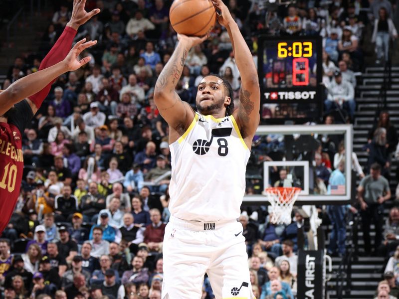 SALT LAKE CITY, UT - APRIL 2: Brice Sensabaugh #8 of the Utah Jazz shoots a three point basket during the game against the Cleveland Cavaliers on April 2, 2024 at Delta Center in Salt Lake City, Utah. NOTE TO USER: User expressly acknowledges and agrees that, by downloading and or using this Photograph, User is consenting to the terms and conditions of the Getty Images License Agreement. Mandatory Copyright Notice: Copyright 2024 NBAE (Photo by Melissa Majchrzak/NBAE via Getty Images)