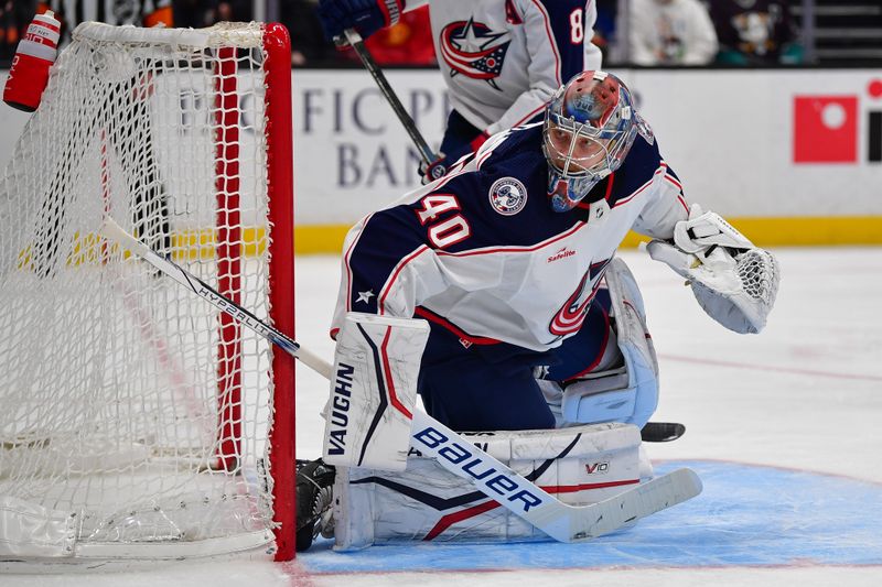 Feb 21, 2024; Anaheim, California, USA; Columbus Blue Jackets goaltender Daniil Tarasov (40) defends the goal against the Anaheim Ducks during the third period at Honda Center. Mandatory Credit: Gary A. Vasquez-USA TODAY Sports