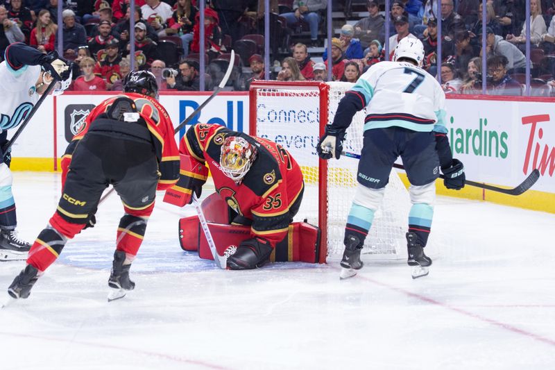 Oct 16, 2025; Ottawa, Ontario, CAN; Ottawa Senators goalie Linus Ullmark (35) makes a save in front of Seattle Kraken right wing Jordan Eberle (7) in the second period at the Canadian Tire Centre. Mandatory Credit: Marc DesRosiers-IMAGN Images