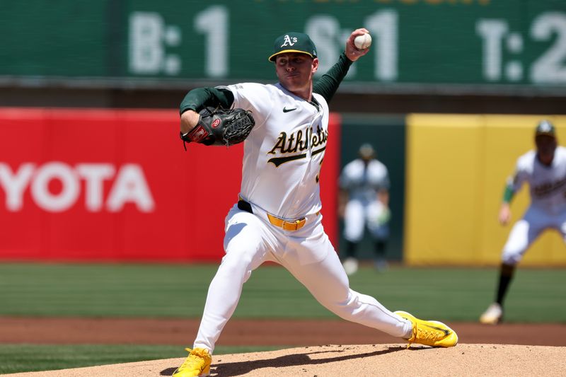 May 10, 2025; West Sacramento, California, USA; Athletics starting pitcher JP Sears (38) throws a pitch against the New York Yankees during the first inning at Sutter Health Park. Mandatory Credit: Dennis Lee-Imagn Images