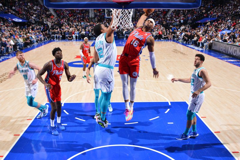 PHILADELPHIA, PA - MARCH 1: Ricky Council IV #16 of the Philadelphia 76ers dunks the ball during the game against the Charlotte Hornets on March 1, 2024 at the Wells Fargo Center in Philadelphia, Pennsylvania NOTE TO USER: User expressly acknowledges and agrees that, by downloading and/or using this Photograph, user is consenting to the terms and conditions of the Getty Images License Agreement. Mandatory Copyright Notice: Copyright 2024 NBAE (Photo by Jesse D. Garrabrant/NBAE via Getty Images)