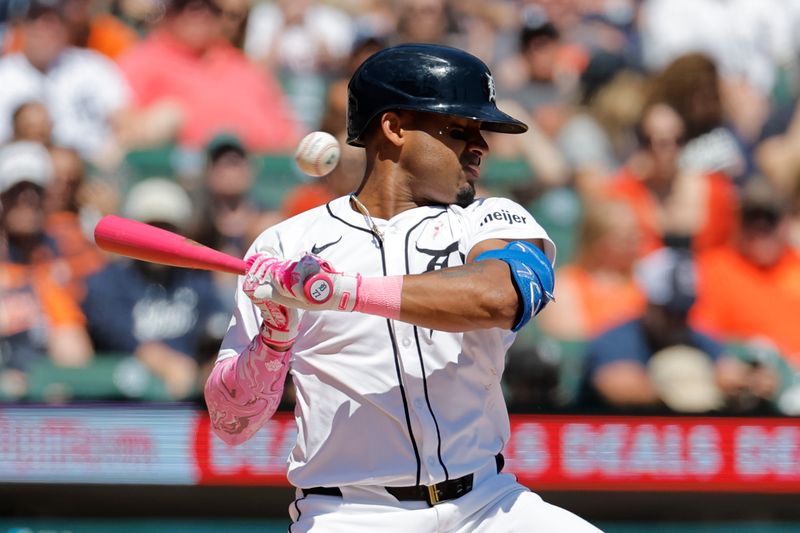 May 12, 2024; Detroit, Michigan, USA;  Detroit Tigers second baseman Andy Ibanez (77) reacts to an inside pitch in the fifth inning against the Houston Astros at Comerica Park. Mandatory Credit: Rick Osentoski-USA TODAY Sports