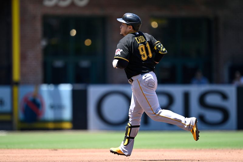 Jul 26, 2023; San Diego, California, USA; Pittsburgh Pirates first baseman Ji-Man Choi (91) rounds the bases after hitting a home run against the San Diego Padres during the second inning at Petco Park. Mandatory Credit: Orlando Ramirez-USA TODAY Sports