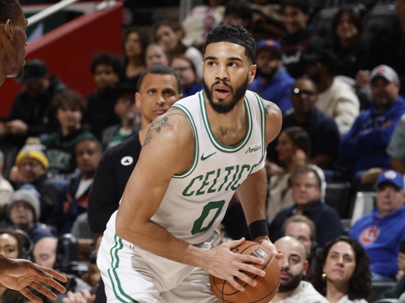 DETROIT, MI - FEBRUARY 26: Jayson Tatum #0 of the Boston Celticshandles the ball during the game against the Detroit Pistons on February 26, 2025 at Little Caesars Arena in Detroit, Michigan. NOTE TO USER: User expressly acknowledges and agrees that, by downloading and/or using this photograph, User is consenting to the terms and conditions of the Getty Images License Agreement. Mandatory Copyright Notice: Copyright 2025 NBAE (Photo by Brian Sevald/NBAE via Getty Images)