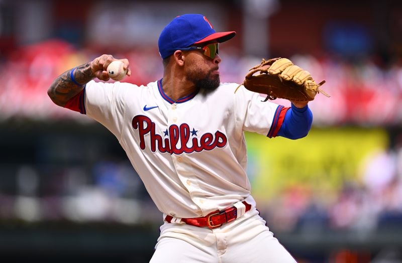 May 7, 2023; Philadelphia, Pennsylvania, USA; Philadelphia Phillies third baseman Edmundo Sosa (33) throws to first against the Boston Red Sox in the third inning at Citizens Bank Park. Mandatory Credit: Kyle Ross-USA TODAY Sports