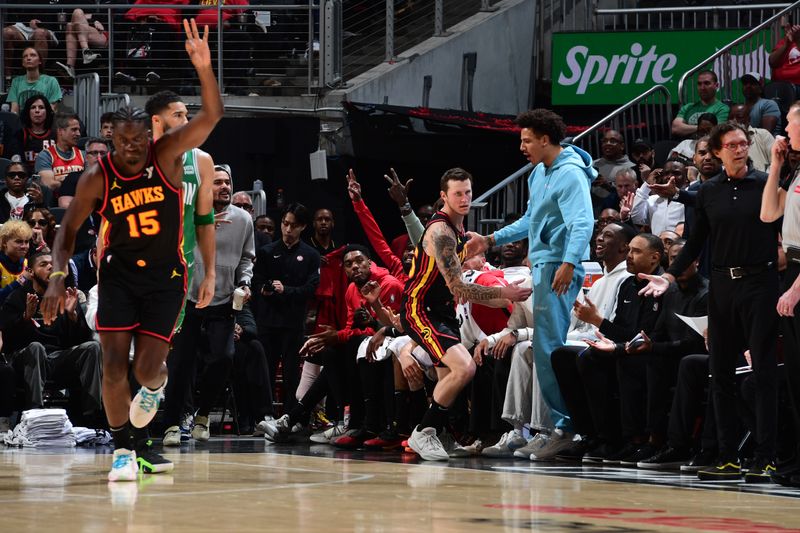 ATLANTA, GA - MARCH 28: Garrison Mathews #25 of the Atlanta Hawks celebrates during the game against the Boston Celtics on March 28, 2024 at State Farm Arena in Atlanta, Georgia.  NOTE TO USER: User expressly acknowledges and agrees that, by downloading and/or using this Photograph, user is consenting to the terms and conditions of the Getty Images License Agreement. Mandatory Copyright Notice: Copyright 2024 NBAE (Photo by Scott Cunningham/NBAE via Getty Images)