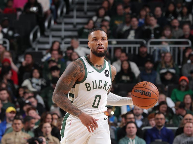 MILWAUKEE, WI - NOVEMBER 7: Damian Lillard #0 of the Milwaukee Bucks dribbles the ball during the game against the Utah Jazz on November 7, 2024 at Fiserv Forum Center in Milwaukee, Wisconsin. NOTE TO USER: User expressly acknowledges and agrees that, by downloading and or using this Photograph, user is consenting to the terms and conditions of the Getty Images License Agreement. Mandatory Copyright Notice: Copyright 2024 NBAE (Photo by Gary Dineen/NBAE via Getty Images).