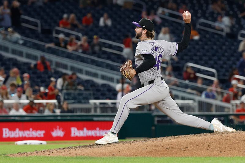 Aug 21, 2024; Washington, District of Columbia, USA; Colorado Rockies relief pitcher Jeff Criswell (46) pitches in his major league debut against the Washington Nationals during the seventh inning at Nationals Park. Mandatory Credit: Geoff Burke-USA TODAY Sports