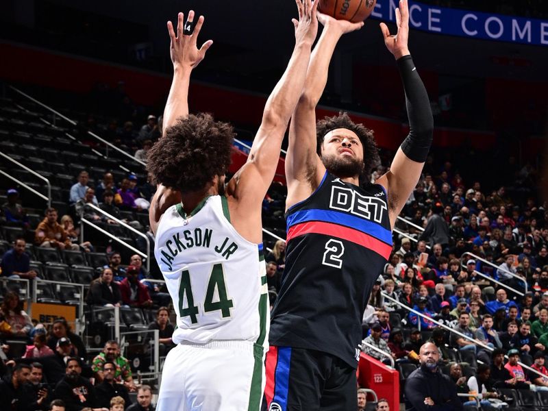 DETROIT, MI - DECEMBER 3: Cade Cunningham #2 of the Detroit Pistons shoots the ball during the game against the Milwaukee Bucks during the Emirates NBA Cup game on December 3, 2024 at Little Caesars Arena in Detroit, Michigan. NOTE TO USER: User expressly acknowledges and agrees that, by downloading and/or using this photograph, User is consenting to the terms and conditions of the Getty Images License Agreement. Mandatory Copyright Notice: Copyright 2024 NBAE (Photo by Chris Schwegler/NBAE via Getty Images)
