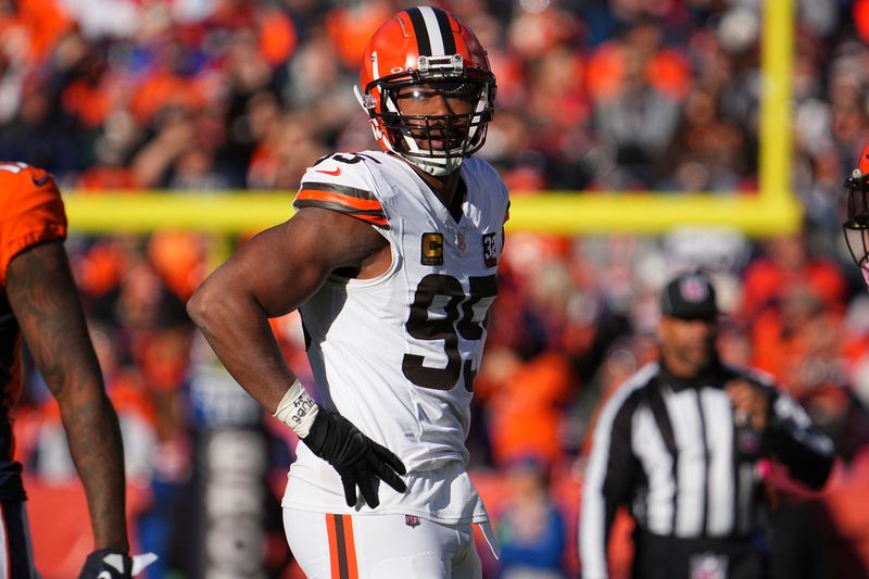 Cleveland Browns defensive end Myles Garrett (95) against the Denver Broncos of an NFL football game Sunday November 26, 2023, in Denver. (AP Photo/Bart Young)