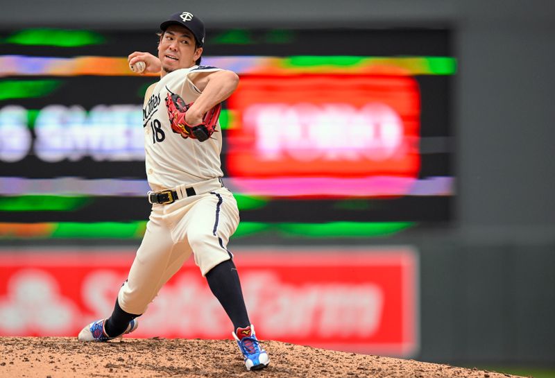 Sep 28, 2023; Minneapolis, Minnesota, USA; Minnesota Twins pitcher Kenta Maeda (18) delivers a pitch against the Oakland Athletics during the sixth inning at Target Field. Mandatory Credit: Nick Wosika-USA TODAY Sports