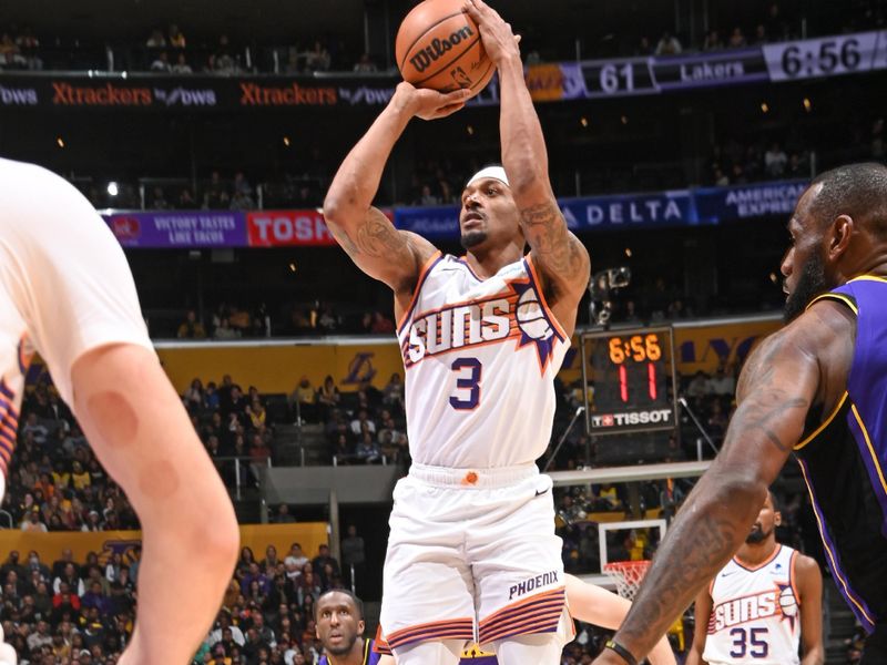 LOS ANGELES, CA - JANUARY 11: Bradley Beal #3 of the Phoenix Suns shoots the ball during the game against the Los Angeles Lakers on January 11, 2024 at Crypto.Com Arena in Los Angeles, California. NOTE TO USER: User expressly acknowledges and agrees that, by downloading and/or using this Photograph, user is consenting to the terms and conditions of the Getty Images License Agreement. Mandatory Copyright Notice: Copyright 2024 NBAE (Photo by Andrew D. Bernstein/NBAE via Getty Images)