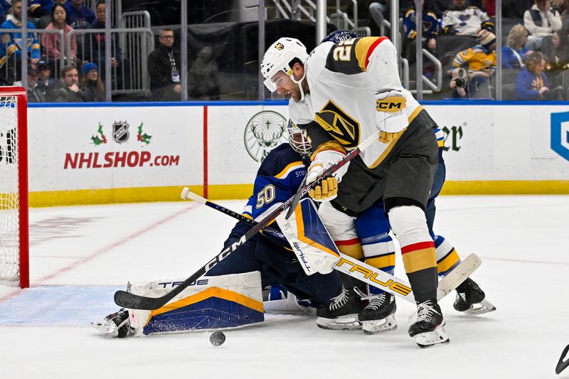 Dec 6, 2023; St. Louis, Missouri, USA;  Vegas Golden Knights right wing Michael Amadio (22) shoots against St. Louis Blues goaltender Jordan Binnington (50) during the first period at Enterprise Center. Mandatory Credit: Jeff Curry-USA TODAY Sports