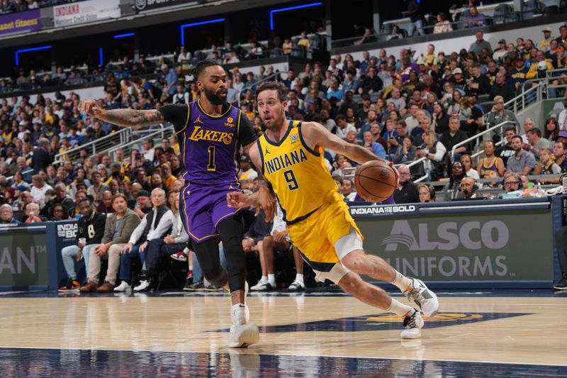 INDIANAPOLIS, IN - MARCH 29: T.J. McConnell #9 of the Indiana Pacers dribbles the ball during the game against the Los Angeles Lakers on March 24, 2024 at Gainbridge Fieldhouse in Indianapolis, Indiana. NOTE TO USER: User expressly acknowledges and agrees that, by downloading and or using this Photograph, user is consenting to the terms and conditions of the Getty Images License Agreement. Mandatory Copyright Notice: Copyright 2024 NBAE (Photo by Jesse D. Garrabrant /NBAE via Getty Images)