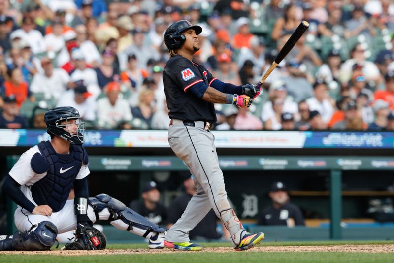 Sep 18, 2025; Detroit, Michigan, USA;  Cleveland Guardians third base Jose Ramirez (11) hits a two run home run in the seventh inning against the Detroit Tigers at Comerica Park. Mandatory Credit: Rick Osentoski-Imagn Images