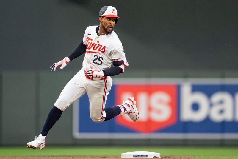 Jul 2, 2024; Minneapolis, Minnesota, USA; Minnesota Twins center fielder Byron Buxton (25) rounds second and realizes he hit a ground-rule double against Detroit Tigers pitcher Will Vest (19) in the seventh inning at Target Field. Mandatory Credit: Matt Blewett-USA TODAY Sports