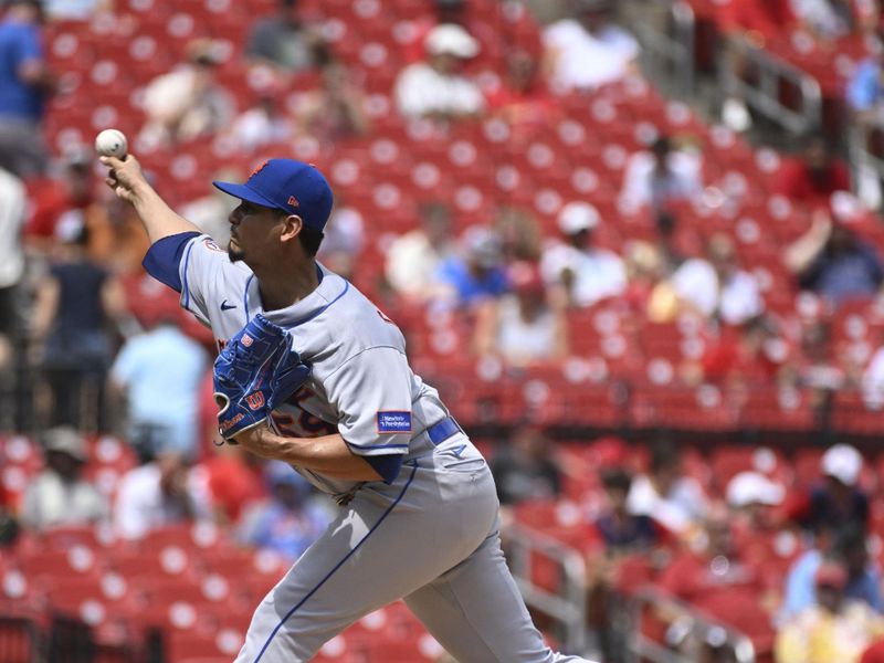 Aug 20, 2023; St. Louis, Missouri, USA; New York Mets starting pitcher Carlos Carrasco (59) pitches against the St. Louis Cardinals in the second inning at Busch Stadium. Mandatory Credit: Joe Puetz-USA TODAY Sports