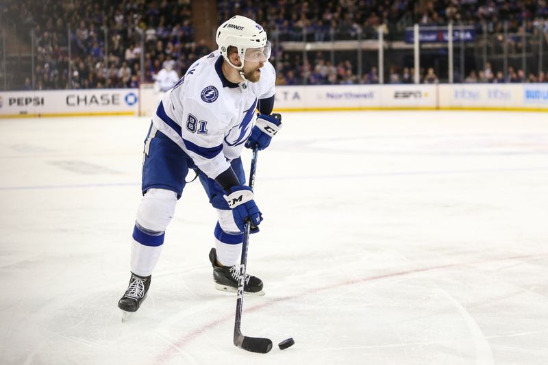 Feb 7, 2024; New York, New York, USA; Tampa Bay Lightning defenseman Erik Cernak (81) controls the puck in the third period against the New York Rangers at Madison Square Garden. Mandatory Credit: Wendell Cruz-USA TODAY Sports