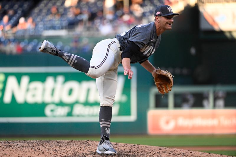 Jul 8, 2023; Washington, District of Columbia, USA; Washington Nationals relief pitcher Amos Willingham (54) throws to the Texas Rangers during the ninth inning at Nationals Park. Mandatory Credit: Brad Mills-USA TODAY Sports