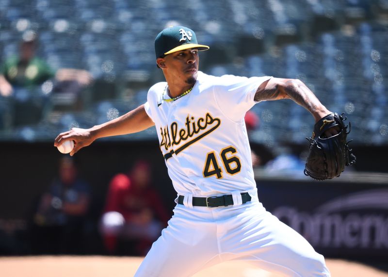 May 17, 2023; Oakland, California, USA; Oakland Athletics starting pitcher Luis Medina (46) pitches the ball against the Arizona Diamondbacks during the first inning at Oakland-Alameda County Coliseum. Mandatory Credit: Kelley L Cox-USA TODAY Sports