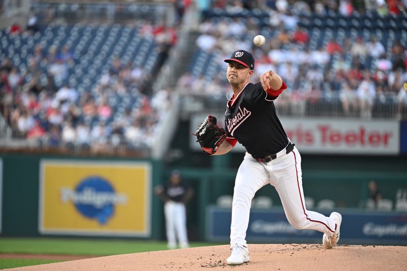 Aug 28, 2024; Washington, District of Columbia, USA; Washington Nationals starting pitcher MacKenzie Gore (1) throws a pitch against the New York Yankees during the first inning at Nationals Park. Mandatory Credit: Rafael Suanes-USA TODAY Sports