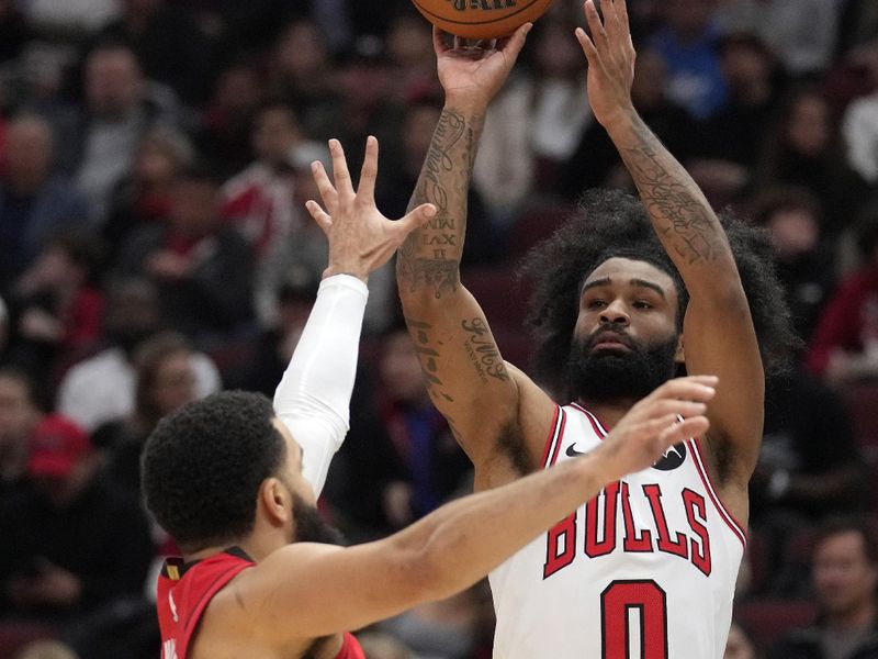 CHICAGO, ILLINOIS - NOVEMBER 17: Coby White #0 of the Chicago Bulls shoots the ball against Fred VanVleet #5 of the Houston Rockets during the first quarter at the United Center on November 17, 2024 in Chicago, Illinois. NOTE TO USER: User expressly acknowledges and agrees that, by downloading and or using this photograph, User is consenting to the terms and conditions of the Getty Images License Agreement. (Photo by Patrick McDermott/Getty Images)