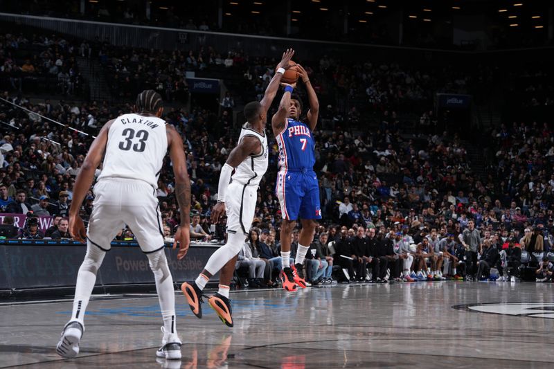 BROOKLYN, NY - MARCH 5: Kyle Lowry #7 of the Philadelphia 76ers shoots a three point basket during the game against the Brooklyn Nets on March 5, 2024 at Barclays Center in Brooklyn, New York. NOTE TO USER: User expressly acknowledges and agrees that, by downloading and or using this Photograph, user is consenting to the terms and conditions of the Getty Images License Agreement. Mandatory Copyright Notice: Copyright 2024 NBAE (Photo by Jesse D. Garrabrant/NBAE via Getty Images)