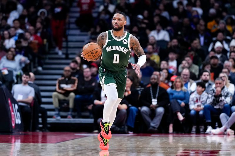 TORONTO, ON - JANUARY 6: Damian Lillard #0 of the Milwaukee Bucks moves the ball against the Toronto Raptors at the Scotiabank Arena on January 6, 2025 in Toronto, Ontario, Canada. NOTE TO USER: User expressly acknowledges and agrees that, by downloading and/or using this Photograph, user is consenting to the terms and conditions of the Getty Images License Agreement. (Photo by Kevin Sousa/Getty Images)