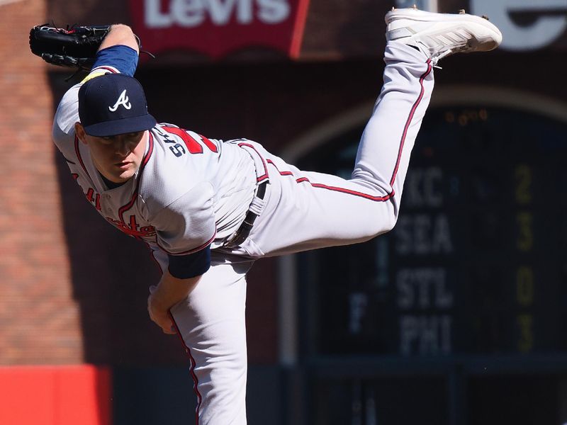 Aug 27, 2023; San Francisco, California, USA; Atlanta Braves starting pitcher Jared Shuster (53) pitches the ball against the San Francisco Giants during the first inning at Oracle Park. Mandatory Credit: Kelley L Cox-USA TODAY Sports