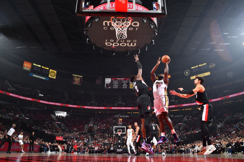 PORTLAND, OR - OCTOBER 25: Zion Williamson #1 of the New Orleans Pelicans drives to the basket during the game against the Portland Trail Blazers on October 25, 2024 at the Moda Center Arena in Portland, Oregon. NOTE TO USER: User expressly acknowledges and agrees that, by downloading and or using this photograph, user is consenting to the terms and conditions of the Getty Images License Agreement. Mandatory Copyright Notice: Copyright 2024 NBAE (Photo by Barry Gossage/NBAE via Getty Images)