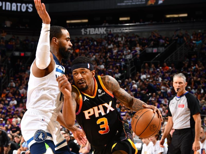 PHOENIX, AZ - APRIL 4: Bradley Beal #3 of the Phoenix Suns drives to the basket during the game against the Minnesota Timberwolves during Round 1 Game 4 of the 2024 NBA Playoffs on April 4, 2023 at Footprint Center in Phoenix, Arizona. NOTE TO USER: User expressly acknowledges and agrees that, by downloading and or using this photograph, user is consenting to the terms and conditions of the Getty Images License Agreement. Mandatory Copyright Notice: Copyright 2024 NBAE (Photo by Barry Gossage/NBAE via Getty Images)