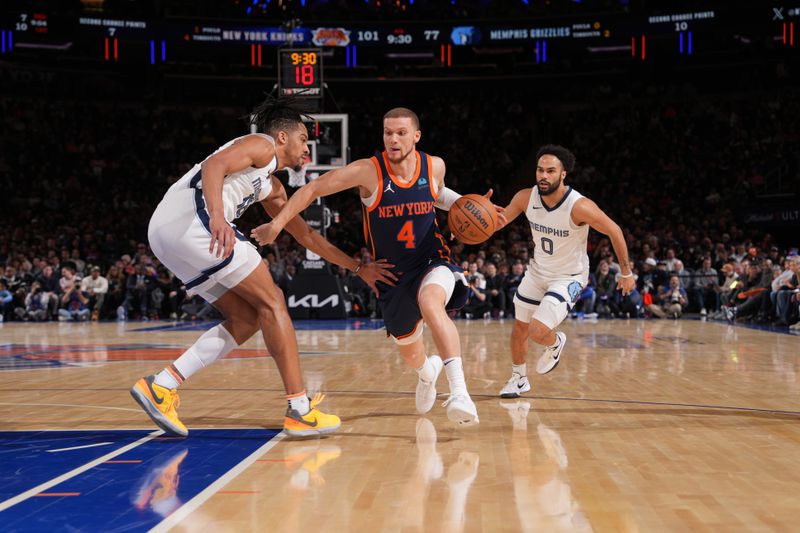 NEW YORK, NY - FEBRUARY 6: Malachi Flynn #4 of the New York Knicks drives to the basket during the game against the Memphis Grizzlies on February 6, 2024 at Madison Square Garden in New York City, New York.  NOTE TO USER: User expressly acknowledges and agrees that, by downloading and or using this photograph, User is consenting to the terms and conditions of the Getty Images License Agreement. Mandatory Copyright Notice: Copyright 2024 NBAE  (Photo by Jesse D. Garrabrant/NBAE via Getty Images)